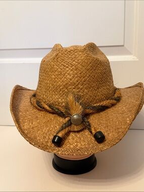 SHADY BRADY Men's raffia cowboy Hat Brown braid & buffalo nickel accent sz L